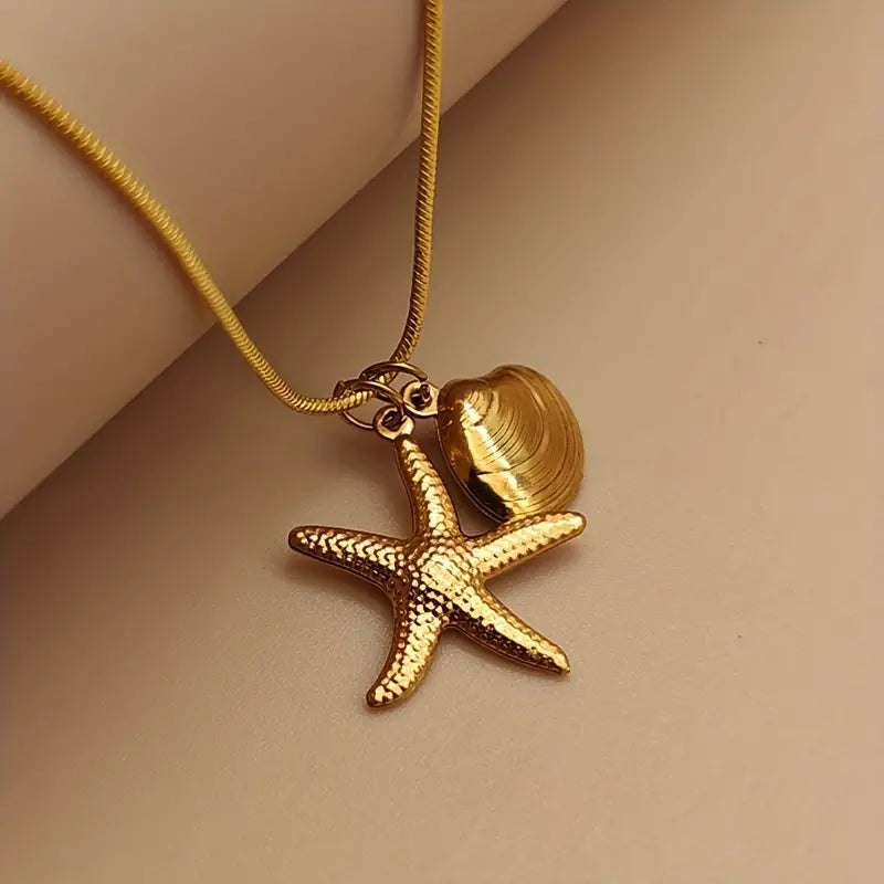 SUMMER OCEAN BREEZE STARFISH & SHELL PENDANT NECKLACE