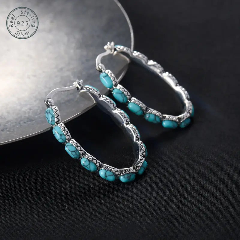 TURQUOISE HOOP EARRINGS REAL STERLING SILVER