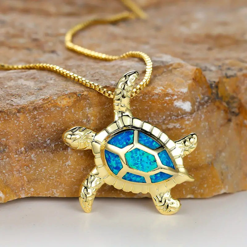 OCEAN TURTLE DESIGN PENDANT NECKLACE INLAID OPAL