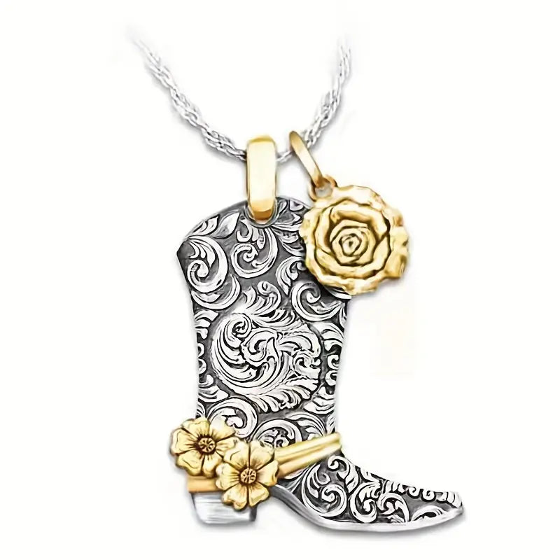 SILVER VINTAGE BOOT SHAPE FLOWER PATTERN PENDANT NECKLACE