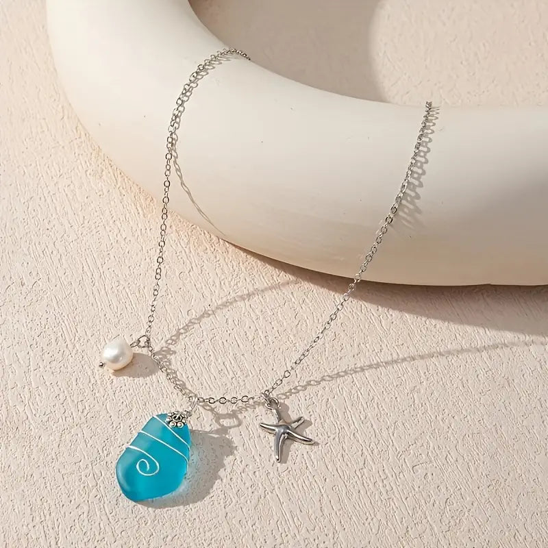 CHIC STARFISH PENDANT NECKLACE WITH BLUE SEA GLASS & FAUX PEARL