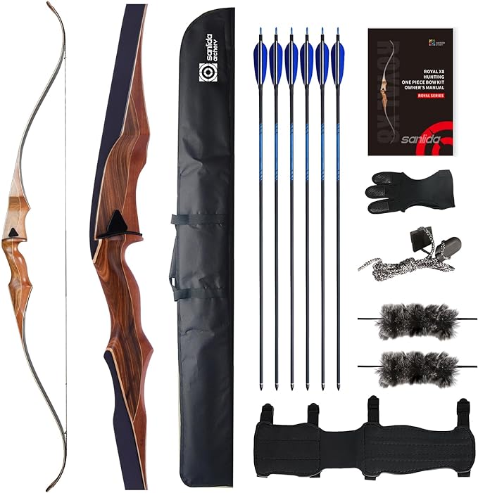 SANLIDA ARCHERY 60" ROYAL X8 ONE-PIECE BOW TRADITIONAL WOODEN HUNTING LONGBOW HANDMADE HUNTING BOW AND ARROWS KIT FOR ADULTS & TRADITIONAL ARCHERS, RH ONLY