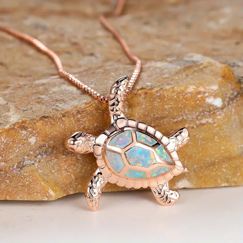OCEAN TURTLE DESIGN PENDANT NECKLACE INLAID OPAL