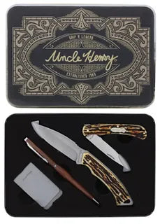 UNCLE HENRY 2 PC KNIVES FIXED/FOLDER W/MONEY CLIP & PEN