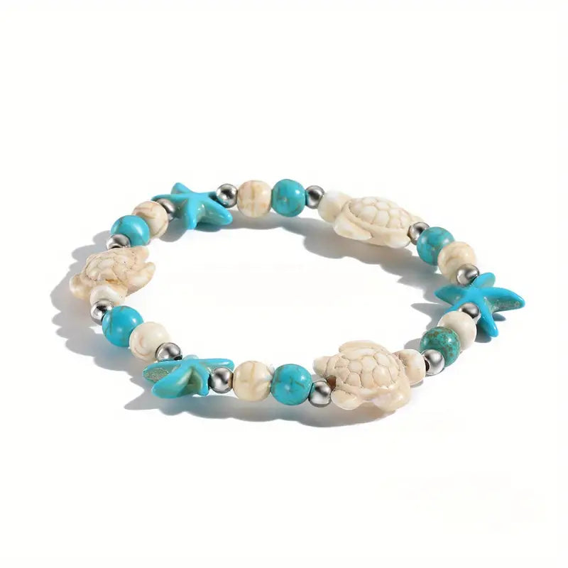 BOHO-CHIC HANDCRAFTED KNOTTED BRACELET WITH NATURAL SHELL & SEA TURTLE CHARMS 
