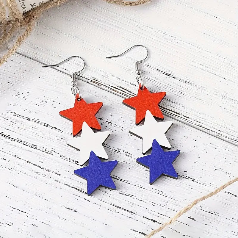 RED, WHITE & BLUE STAR WOODEN DANGLE EARRINGS