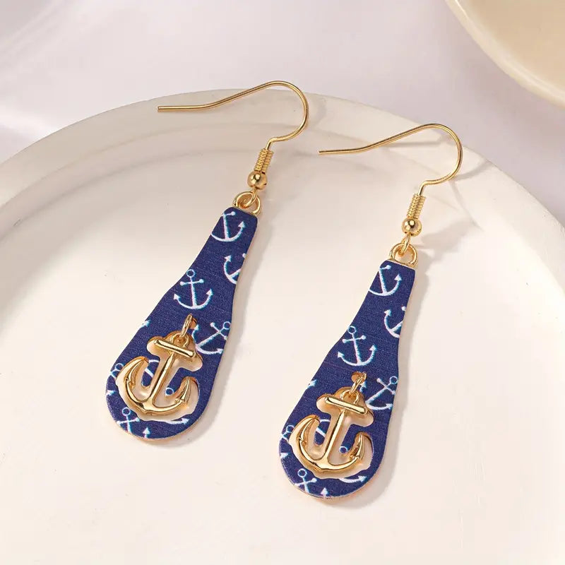 VINTAGE DROPLET SHAPE ANCHOR PATTERN DANGLE EARRINGS