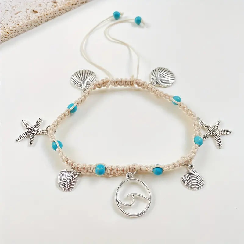 STARFISH & SEASHELL PENDANT WOVEN BRACELET