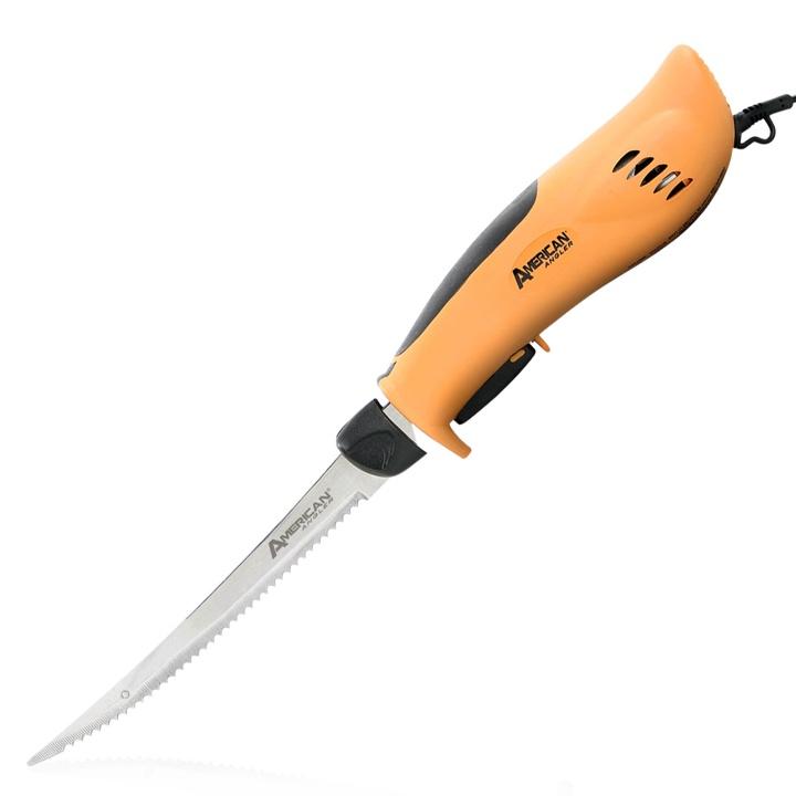AMERICAN ANGLER PRO TITANIUM ELECTRIC FILLET KNIFE WITH 8" CURVED SERRATED BLADE MESH CARRY BAG