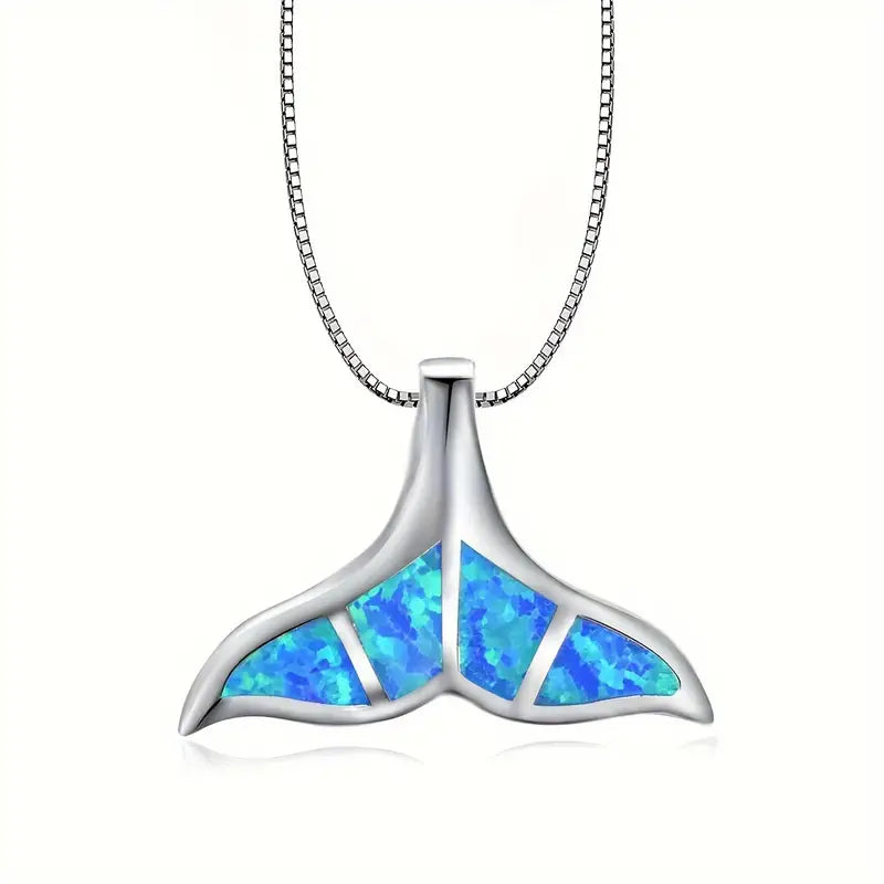 OCEAN STYLE BLUE OPAL WHALE TAIL PENDANT NECKLACE