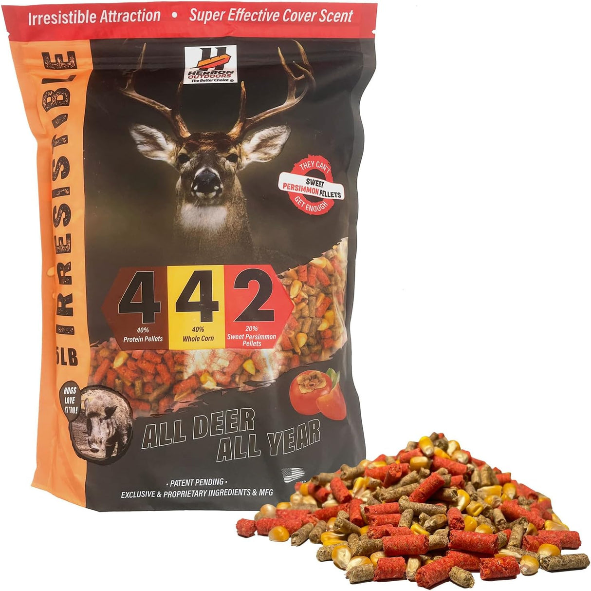 HERRON OUTDOORS 4-4-2 PERSIMMON FLAVORED PROTEIN PELLETS, WHOLE CORN & ORIGINAL-DEER ATTRACTANTS FOR WHITETAIL DEER AND FEED ENCHANCER BAIT FOR ALL SEASONS-5LBS