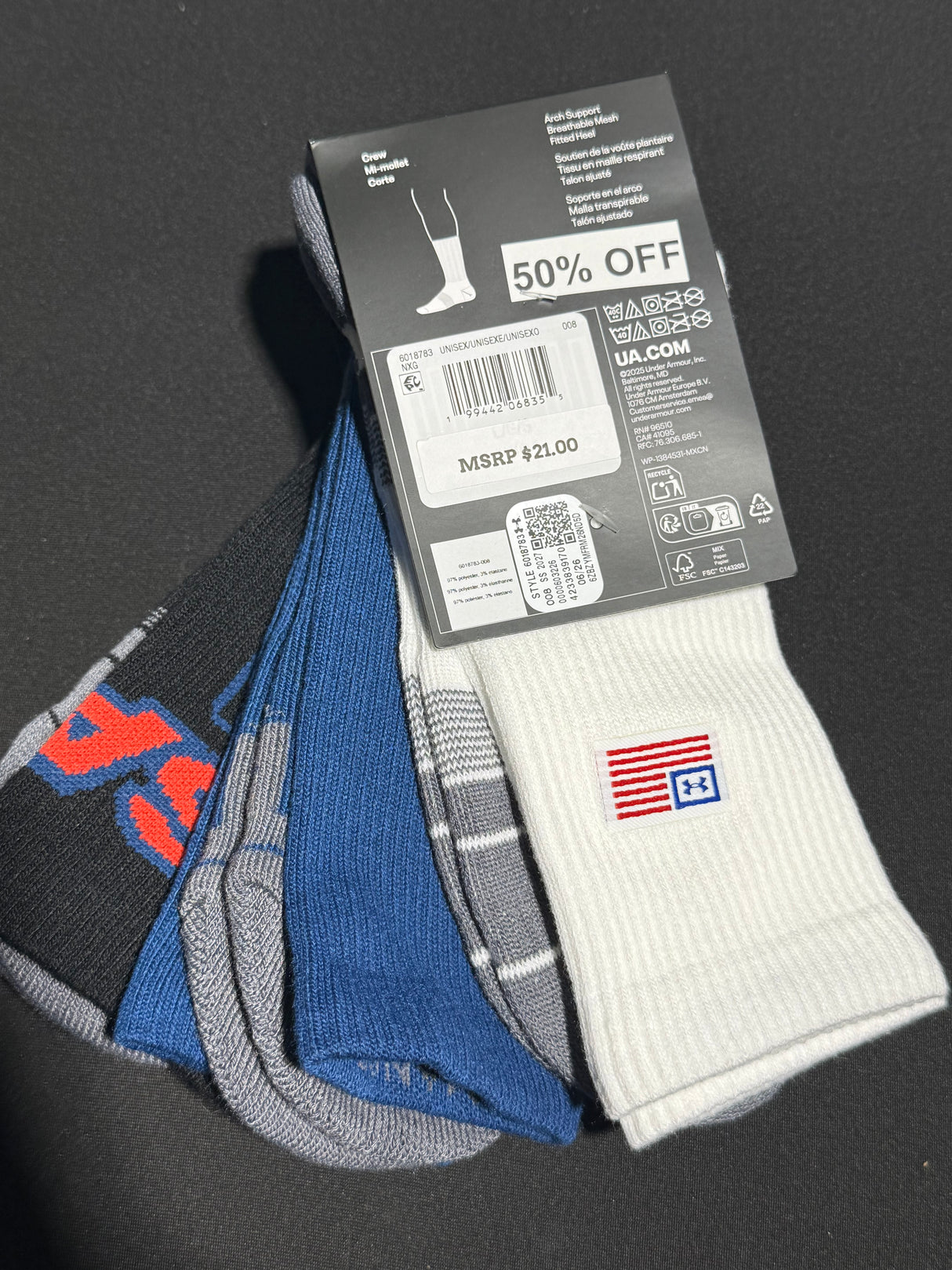UNDER ARMOUR PERFORMANCE TECH CUSHIONED CREW SOCKS 50% OFF